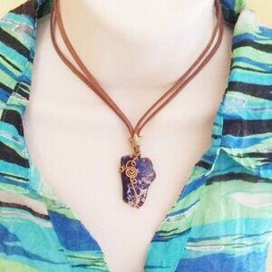 Wire Wrapped Dark Blue Sea Sediment Jasper Pendant! Faux Suede Cord + Star ~ 19"